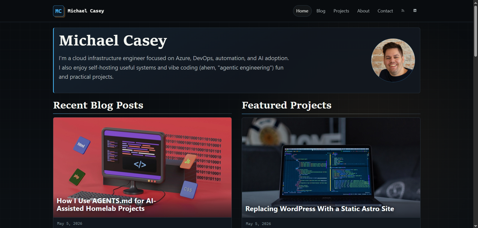 Screenshot of the rebuilt personal site homepage and blog layout.
