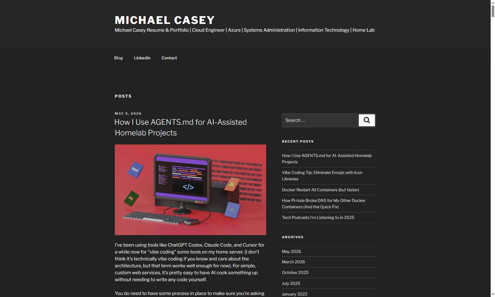 Screenshot of the old WordPress-based michael-casey.com homepage before the static site changeover.