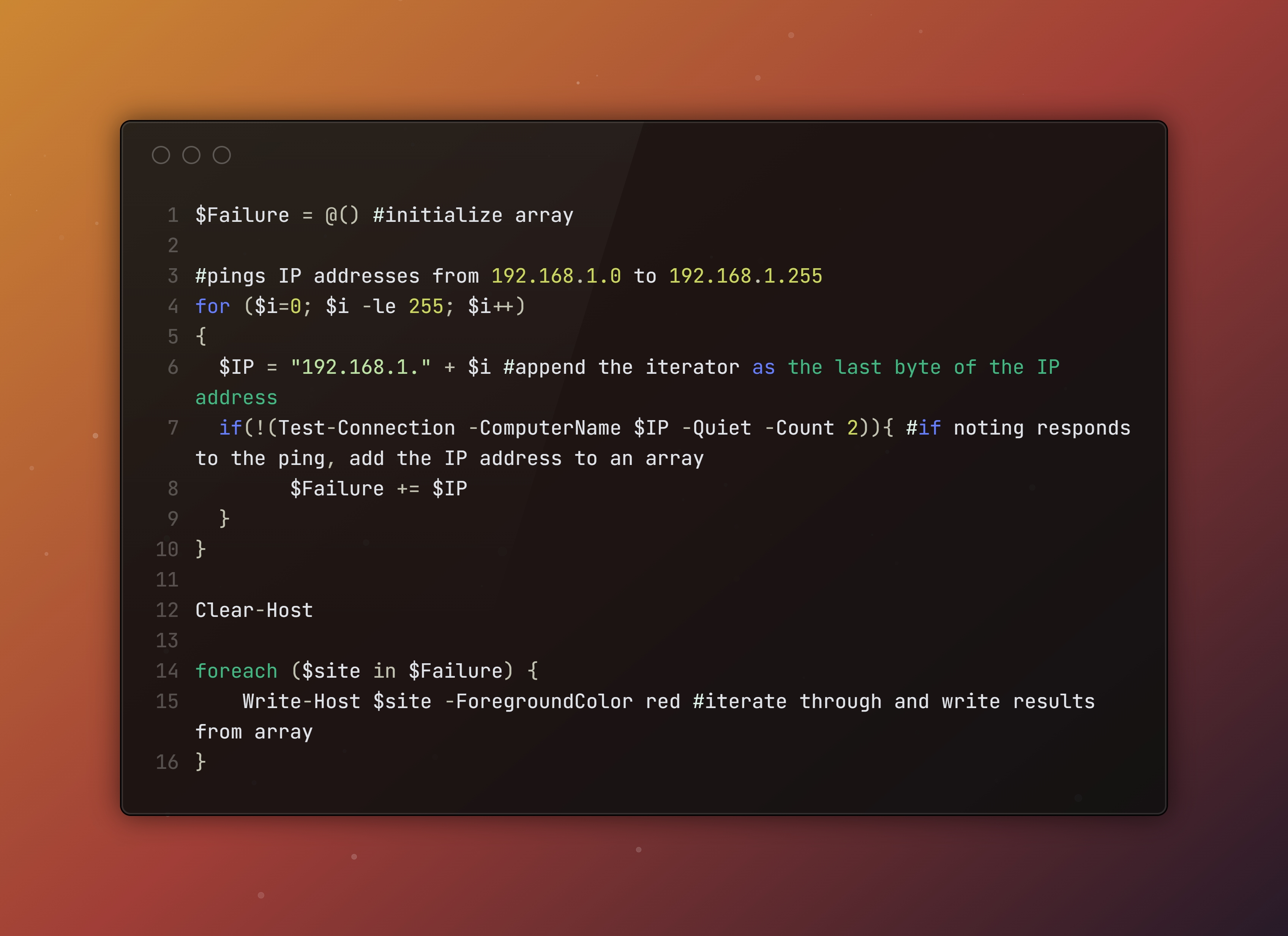 PowerShell ping range output and script workflow visual.