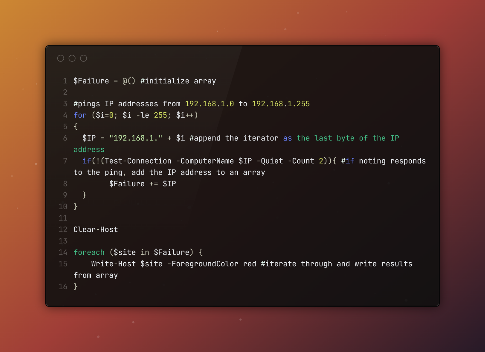 PowerShell ping range output and script workflow visual.
