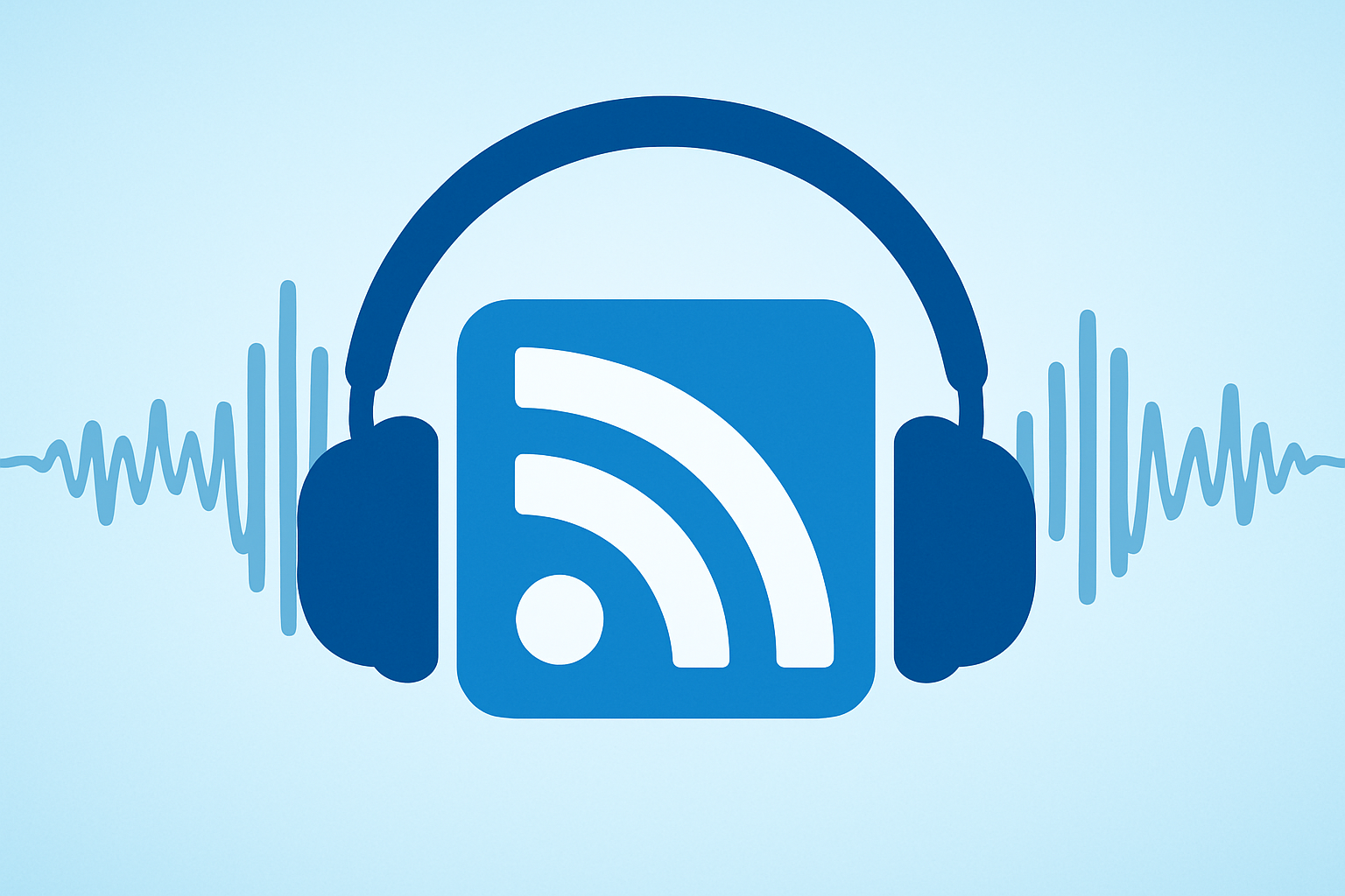 Stylized digital illustration of a beige headphone set encircling a small blue RSS icon with white signal arcs, set against a smooth blue-to-orange gradient background with a subtle grey audio waveform running horizontally behind.